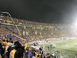 A lively scene at a packed football stadium, with a large crowd of enthusiastic supporters wearing yellow and blue. The stands are filled with banners and flags, and confetti is scattered on the field. The atmosphere is festive and celebratory as fans cheer and wave flags, and security personnel are visible along the perimeter of the field.