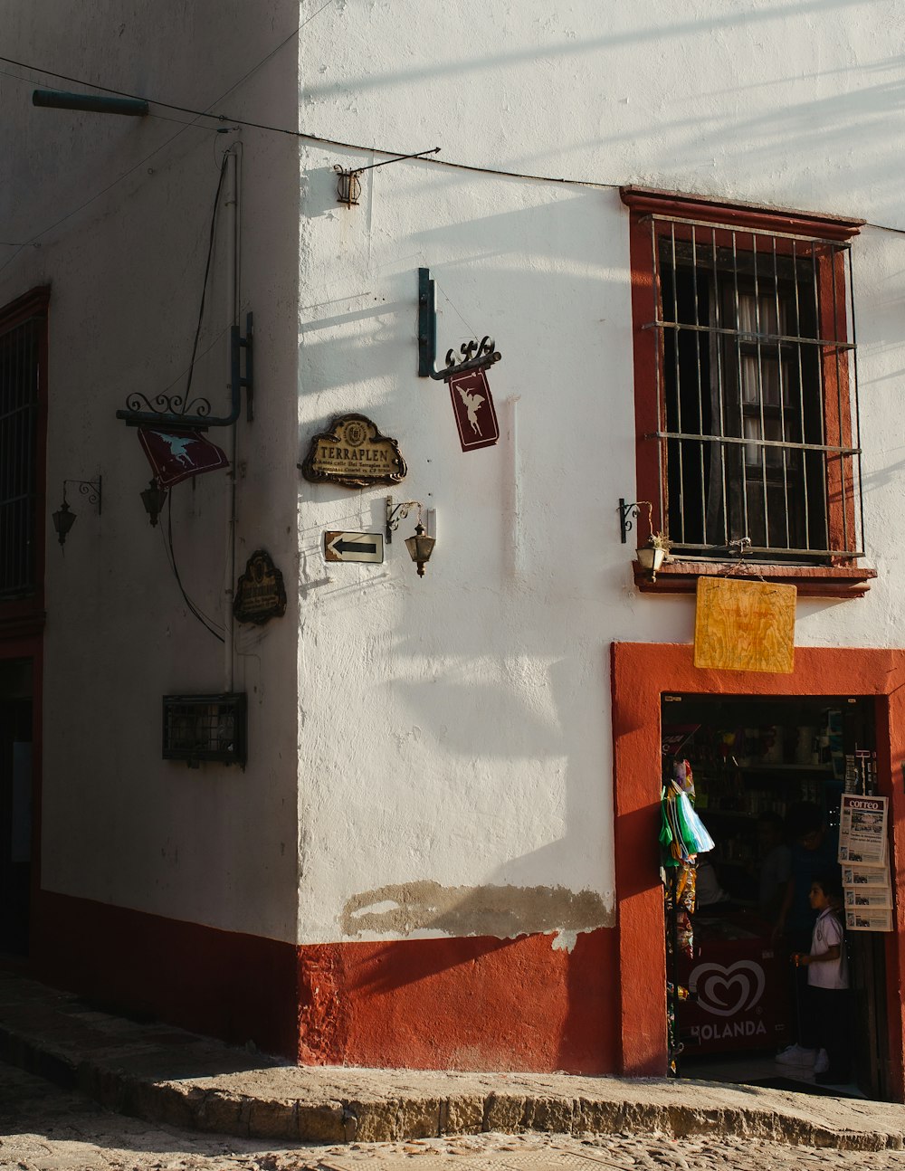 a building with a red door