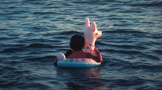 A person is sitting in a colorful inflatable pool toy shaped like an animal, floating in a body of water. The water appears calm with gentle ripples, and the lighting suggests it is either early morning or late afternoon.