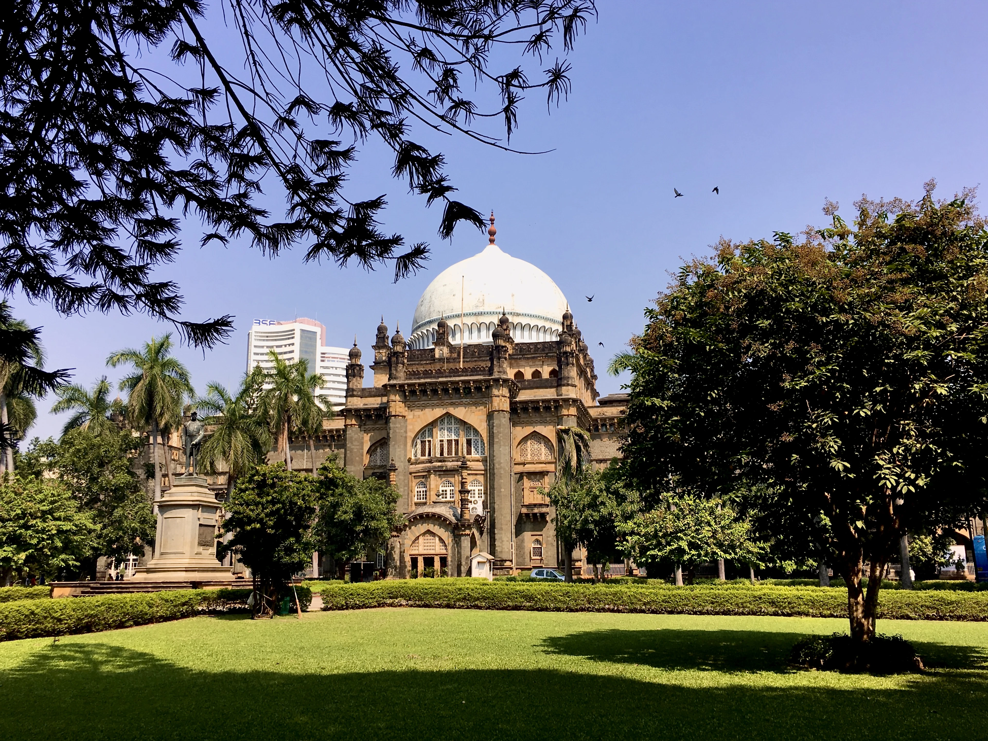 A domed Victorian-era building with palm trees is framed by overhanging green branches under a clear sky.