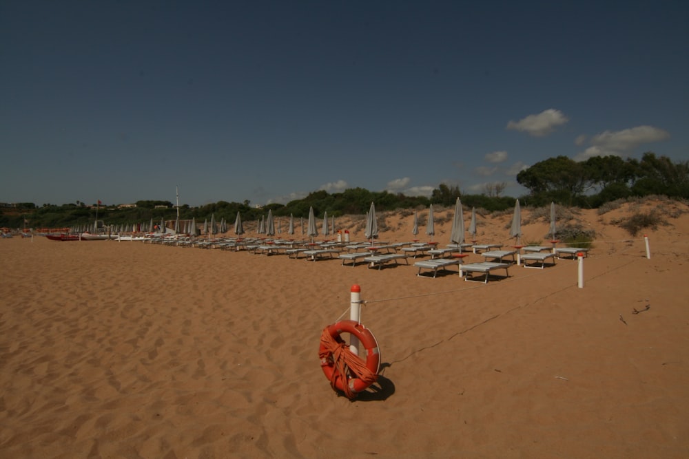a sandy beach with chairs and umbrellas