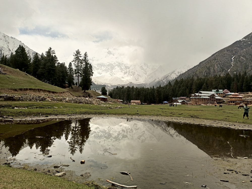 a lake with mountains in the background