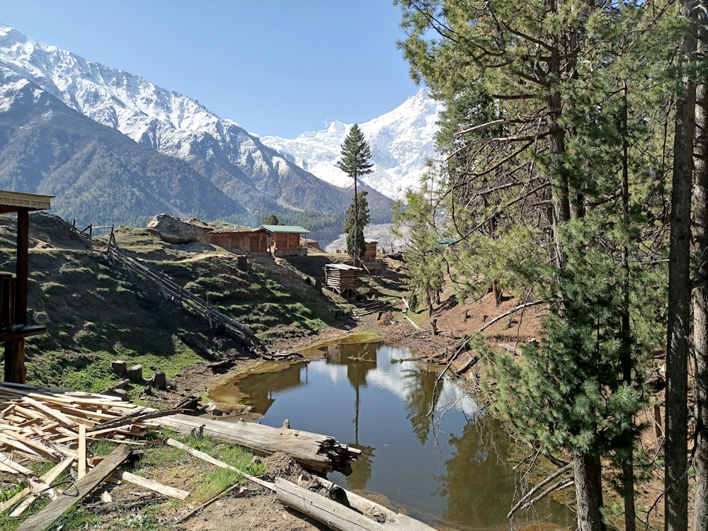 a small lake in a snowy mountainous region