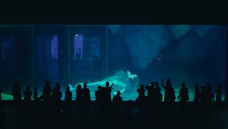 A large aquarium features a beluga whale swimming gracefully, surrounded by dark blue water. Silhouetted figures of people, likely visitors, stand in front of the tank observing the scene, casting their shadows on the aquarium glass. The environment inside the tank is decorated with textured rock formations, adding depth to the aquatic setting.