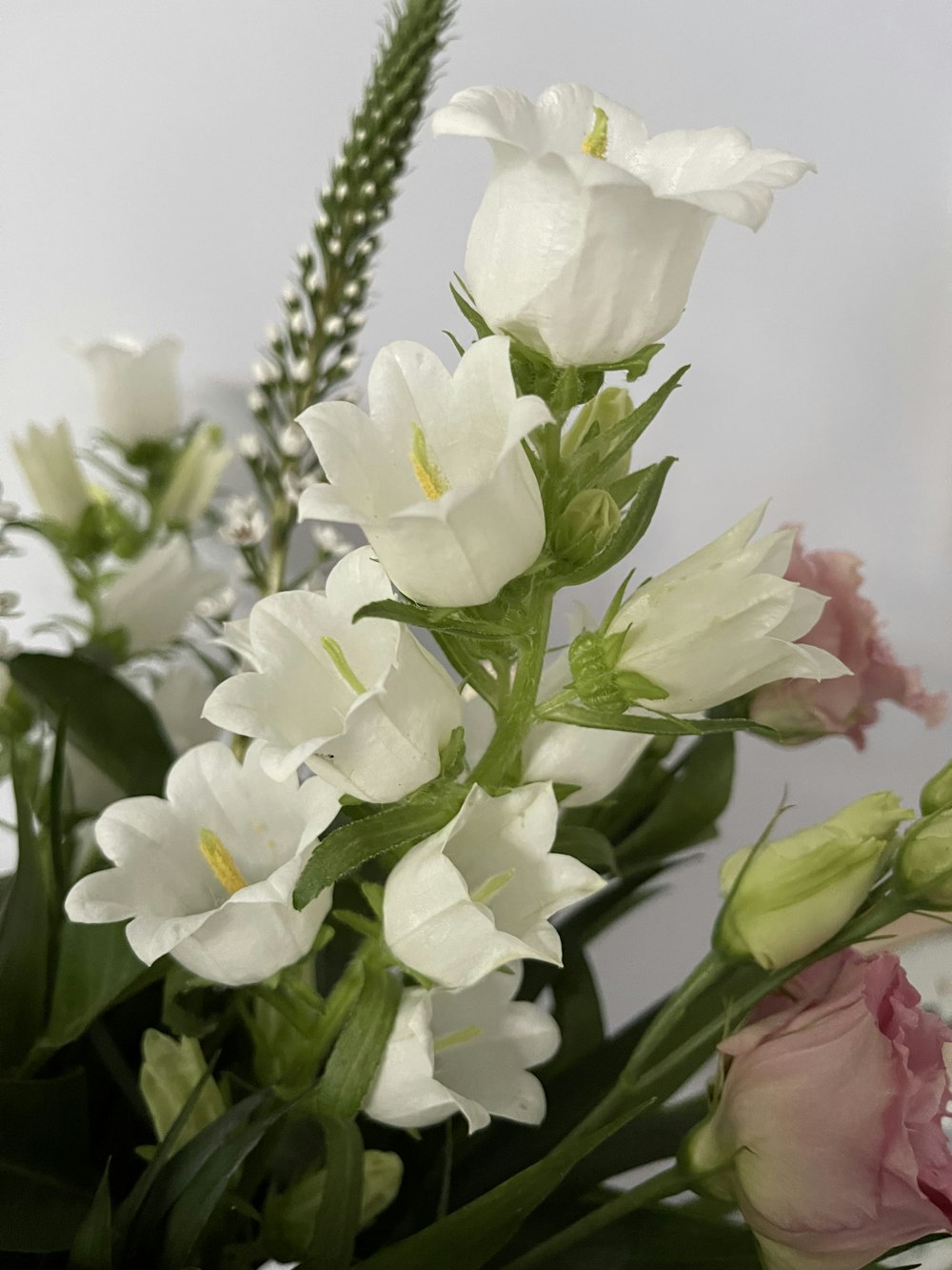 a bouquet of white and pink flowers