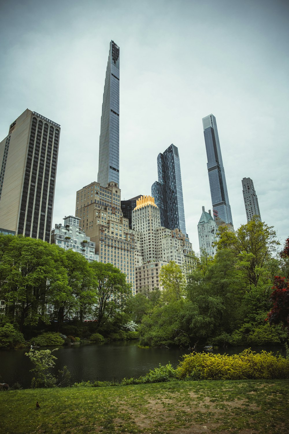 a group of tall buildings by a river