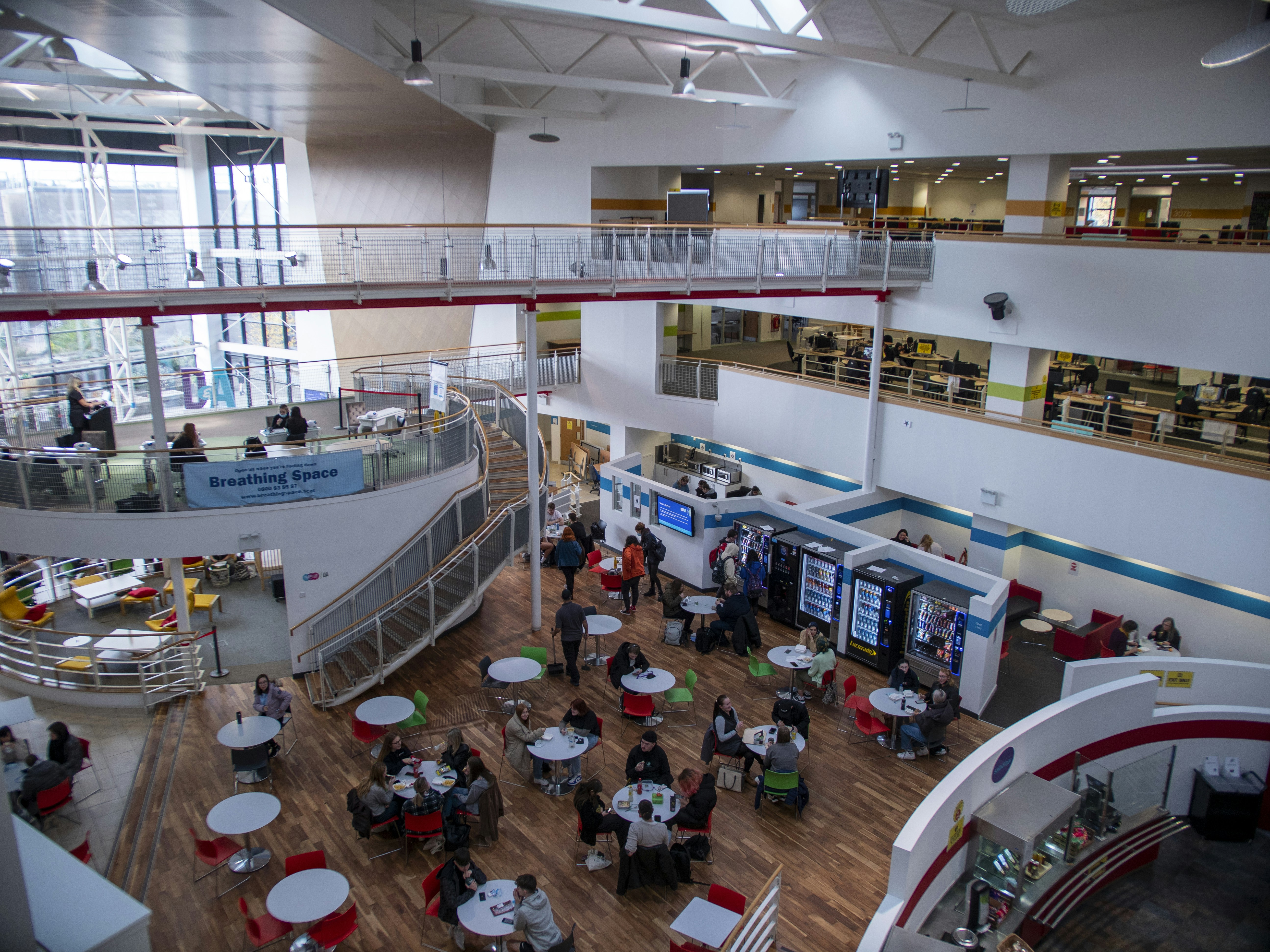 a high angle view of people in a building