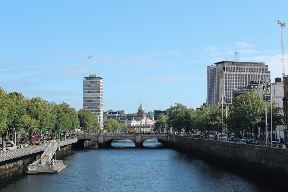 a river with a bridge and buildings