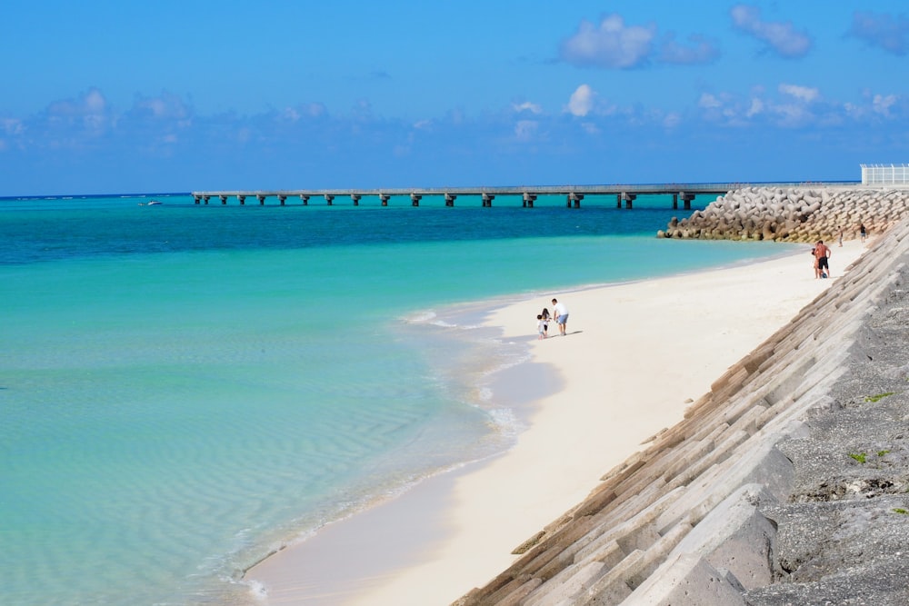 a beach with people walking on it