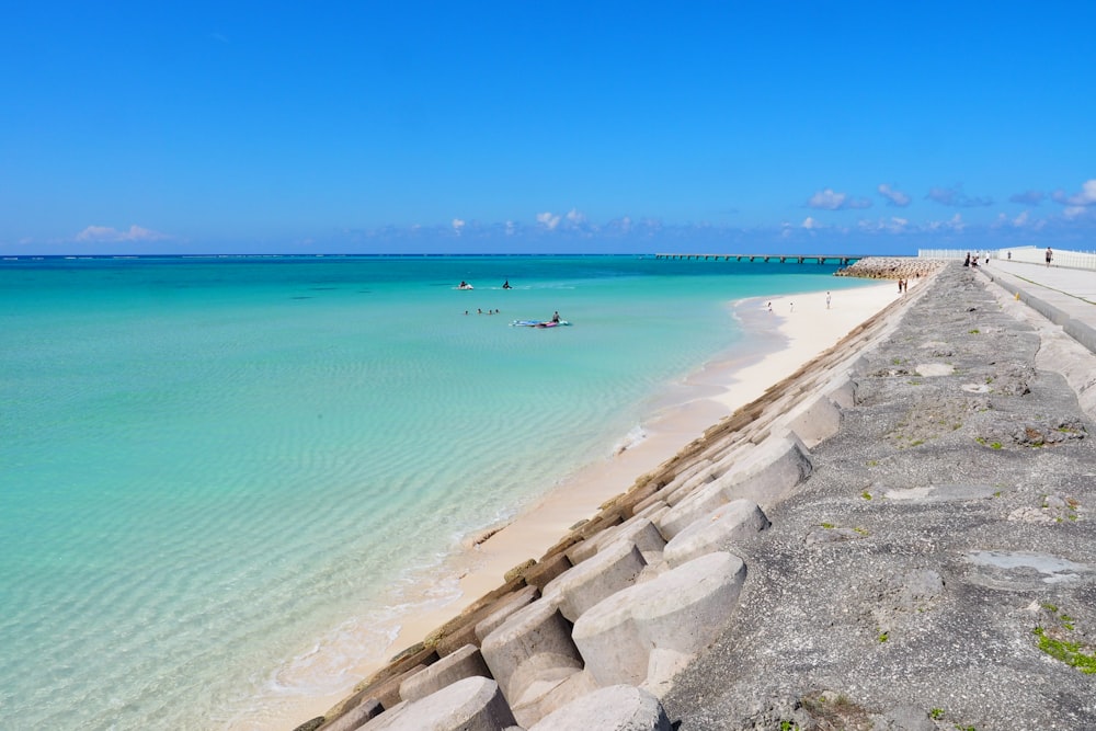 uma praia com um corpo de água