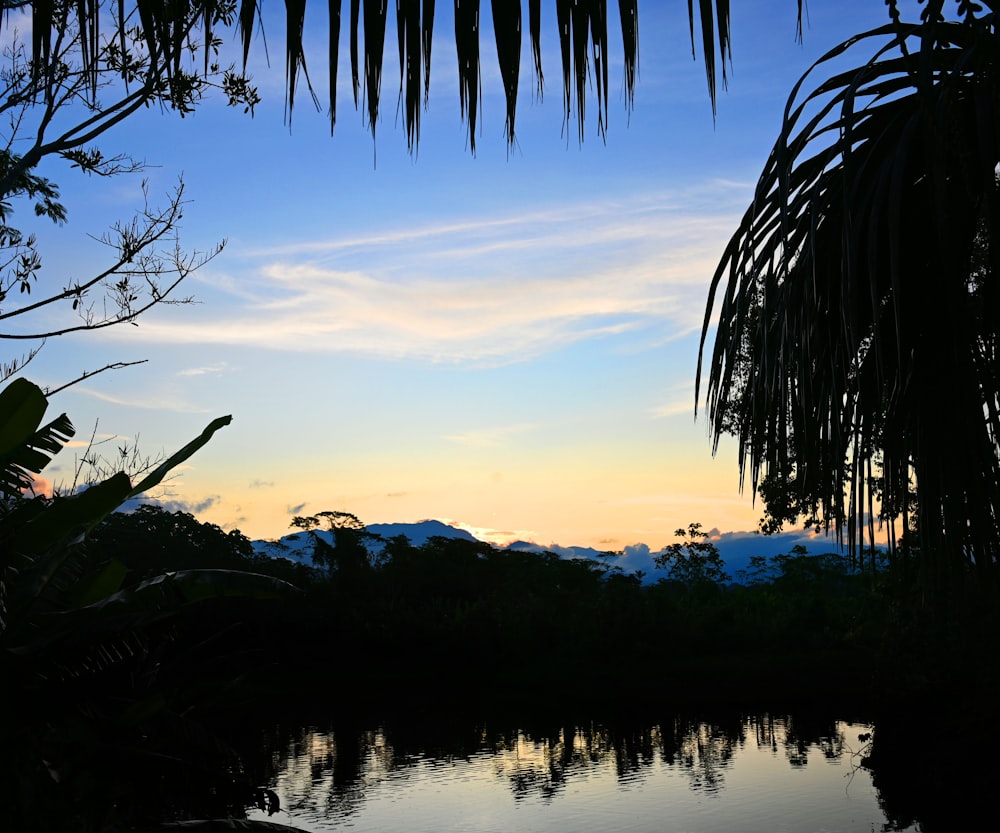 a body of water with trees around it and mountains in the background