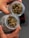Two hands hold glass jars filled with cannabis buds. The buds are dense and have a mix of green and brown hues. The jars have a frosted surface with a pattern. The background is blurred, emphasizing the contents of the jars.