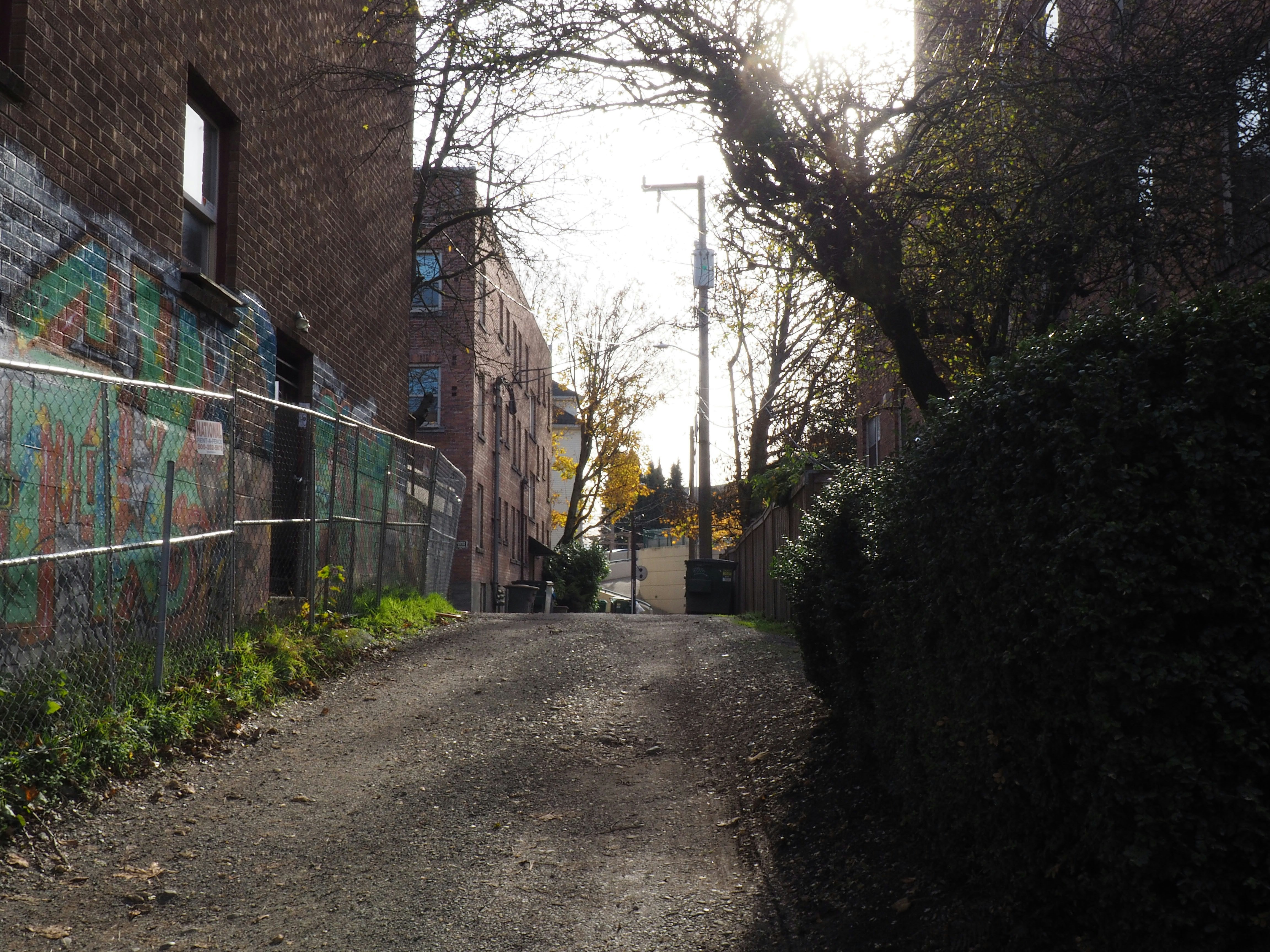 eine unbefestigte Straße zwischen Gebäuden