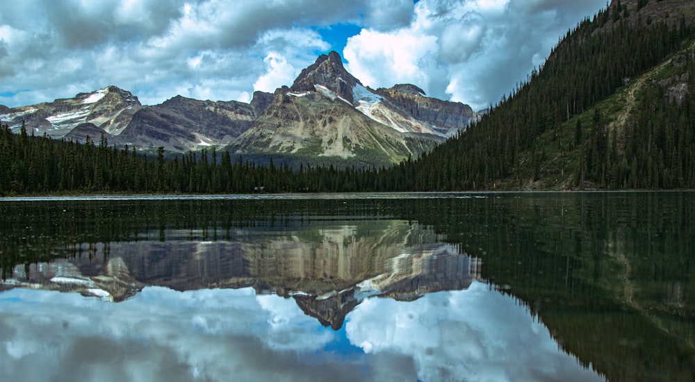 a lake with mountains in the background