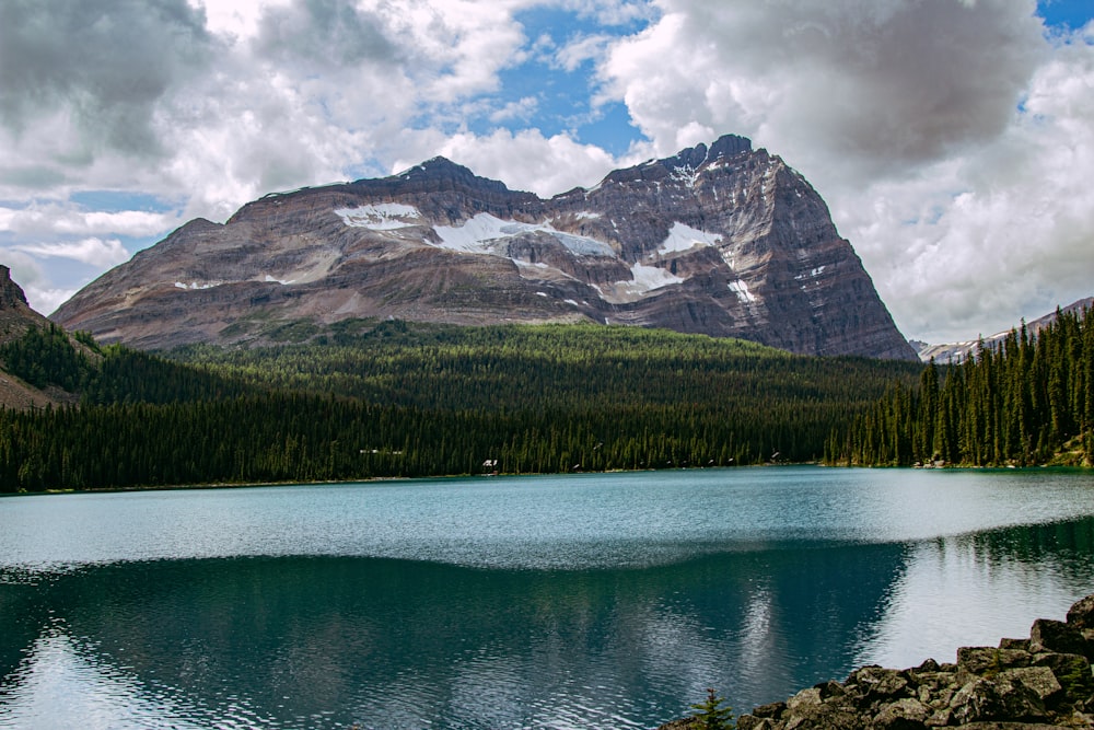 a lake with a mountain in the background