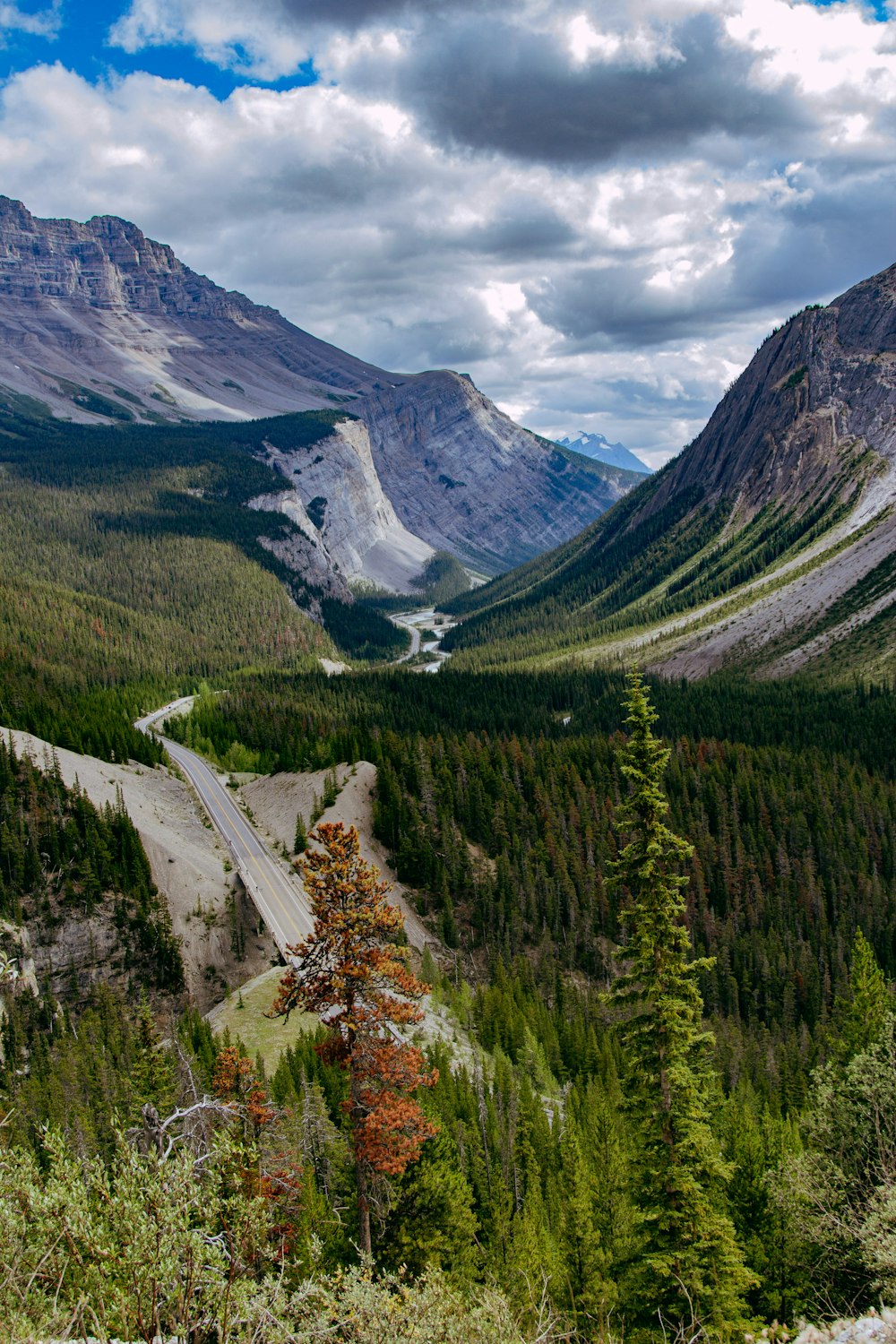 a river running through a valley between mountains