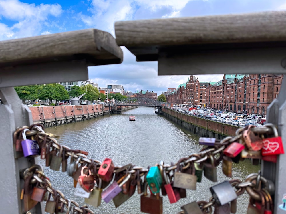 a bridge over a river with boats