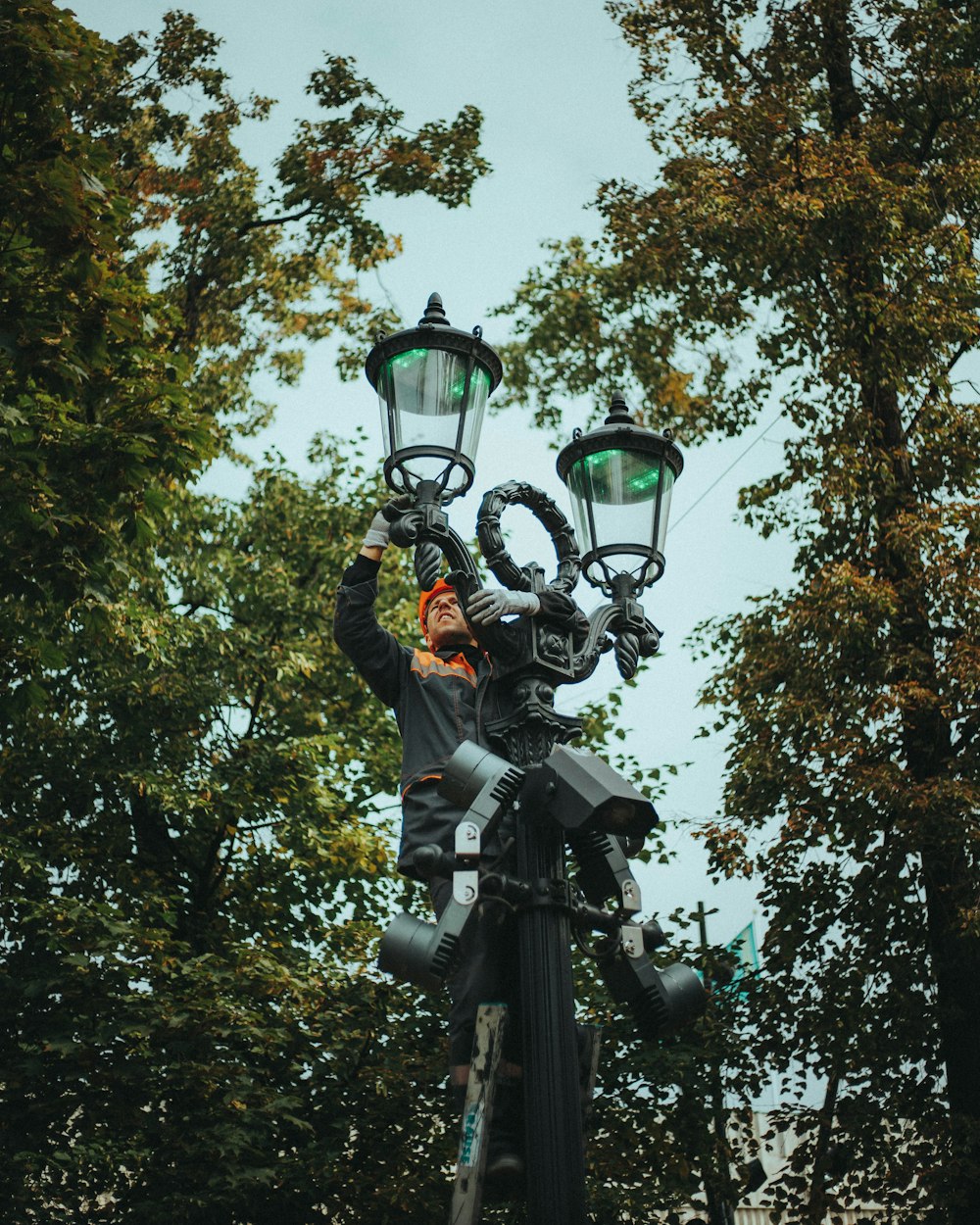 a lamp next to a tree