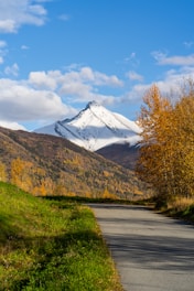 a road leading to a snowy mountain