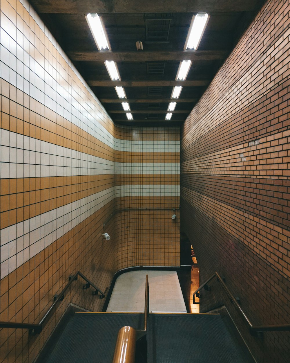 a hallway with a bench