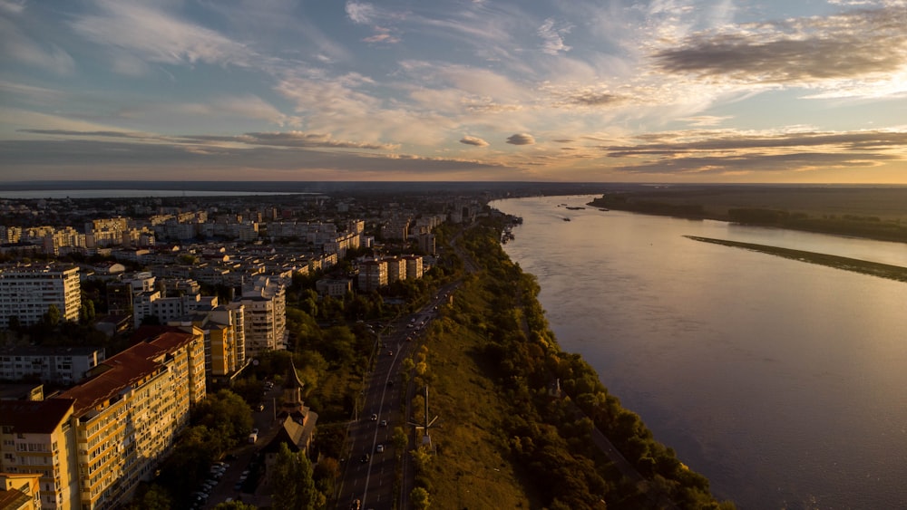 a city next to a body of water