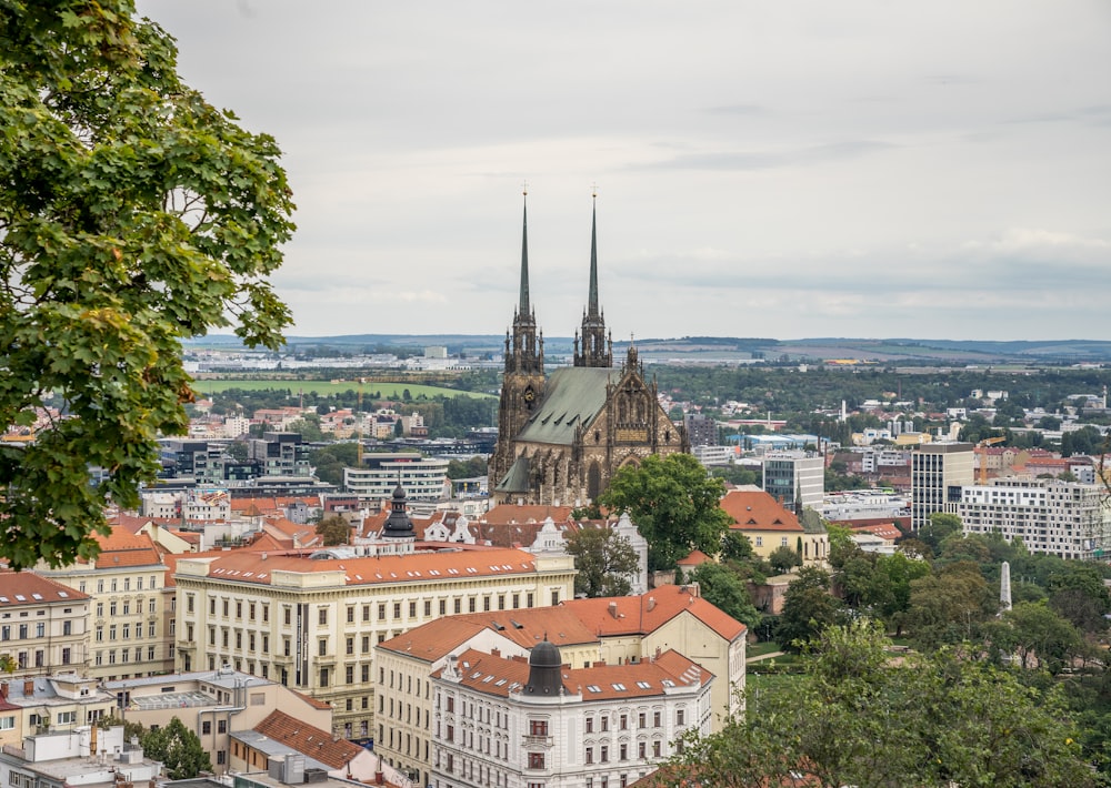 a city with many buildings and trees