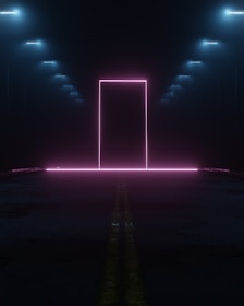 A minimalist neon grid fading into a misty cyberpunk horizon under soft magenta light.