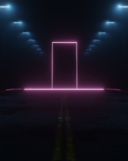 A glowing portal of light framed by dark, minimalist shapes with electric cyan accents.