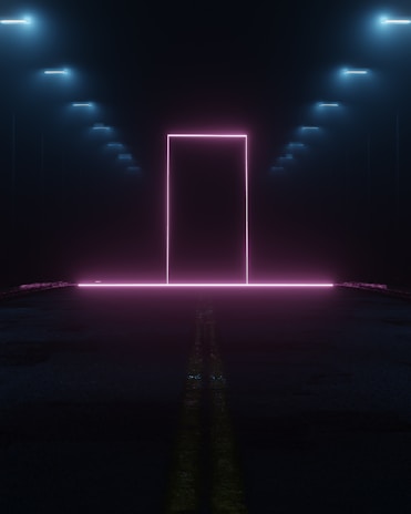 A glowing portal of light framed by dark, minimalist shapes with electric cyan accents.