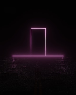 A glowing purple door with a baby chick icon representing the startling stage, softly illuminated against a cosmic gradient background