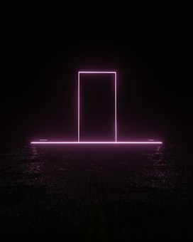 A neon pink rectangle resembling a doorway stands illuminated against a dark background. The glow from the neon light reflects subtly on the ground, creating an ethereal and futuristic atmosphere.