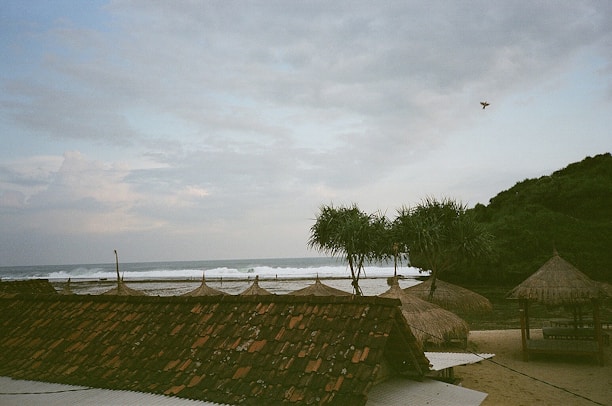 A tranquil coastal scene featuring thatched-roof structures near a sandy beach. The ocean, with gentle waves, stretches into the background under a partly cloudy sky. A lone bird is visible in the sky, and lush green hills flank the right side of the scene.
