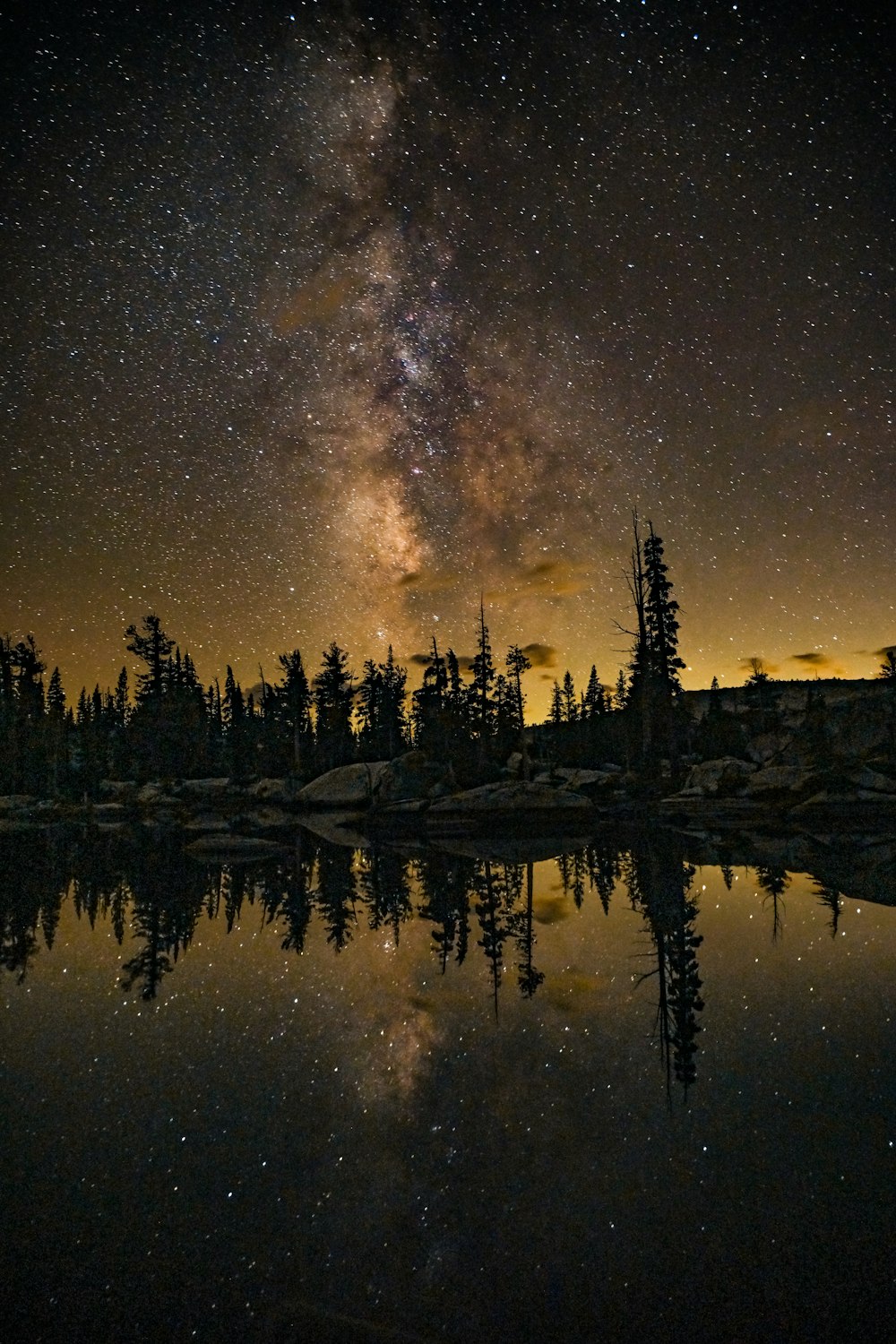 a lake with trees and stars in the sky