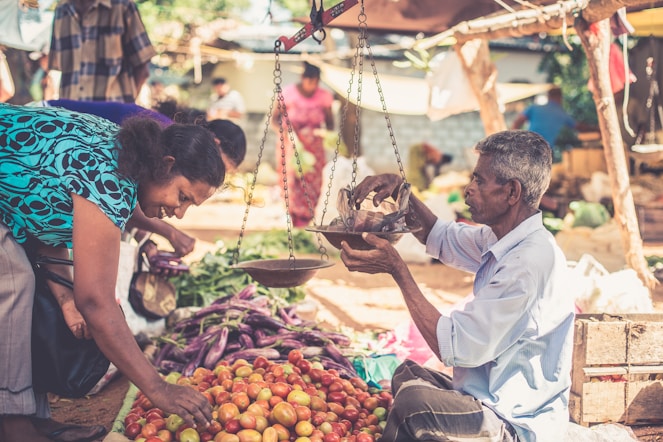 A lively outdoor market scene with a vendor weighing produce using a traditional balance scale. A woman examines fresh tomatoes and other vegetables arranged on a table. Bright sunlight illuminates the setting, highlighting the fruits and vegetables as well as the people present.