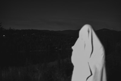 A ghostly figure stands in the foreground, cloaked in a white sheet, set against a backdrop of a dark, forested landscape at night. The scene is minimal in detail with an eerie, mysterious ambiance.