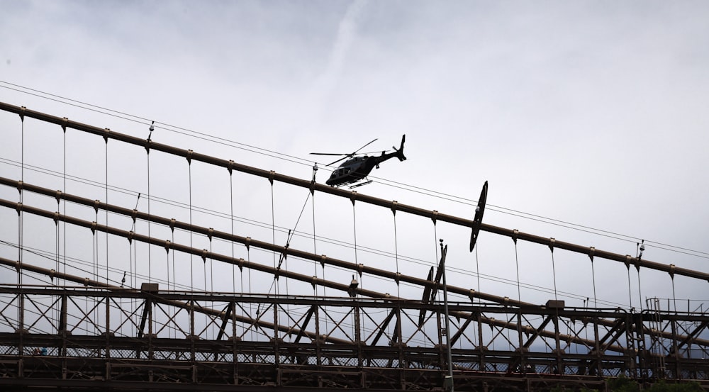 a helicopter flying over a power line