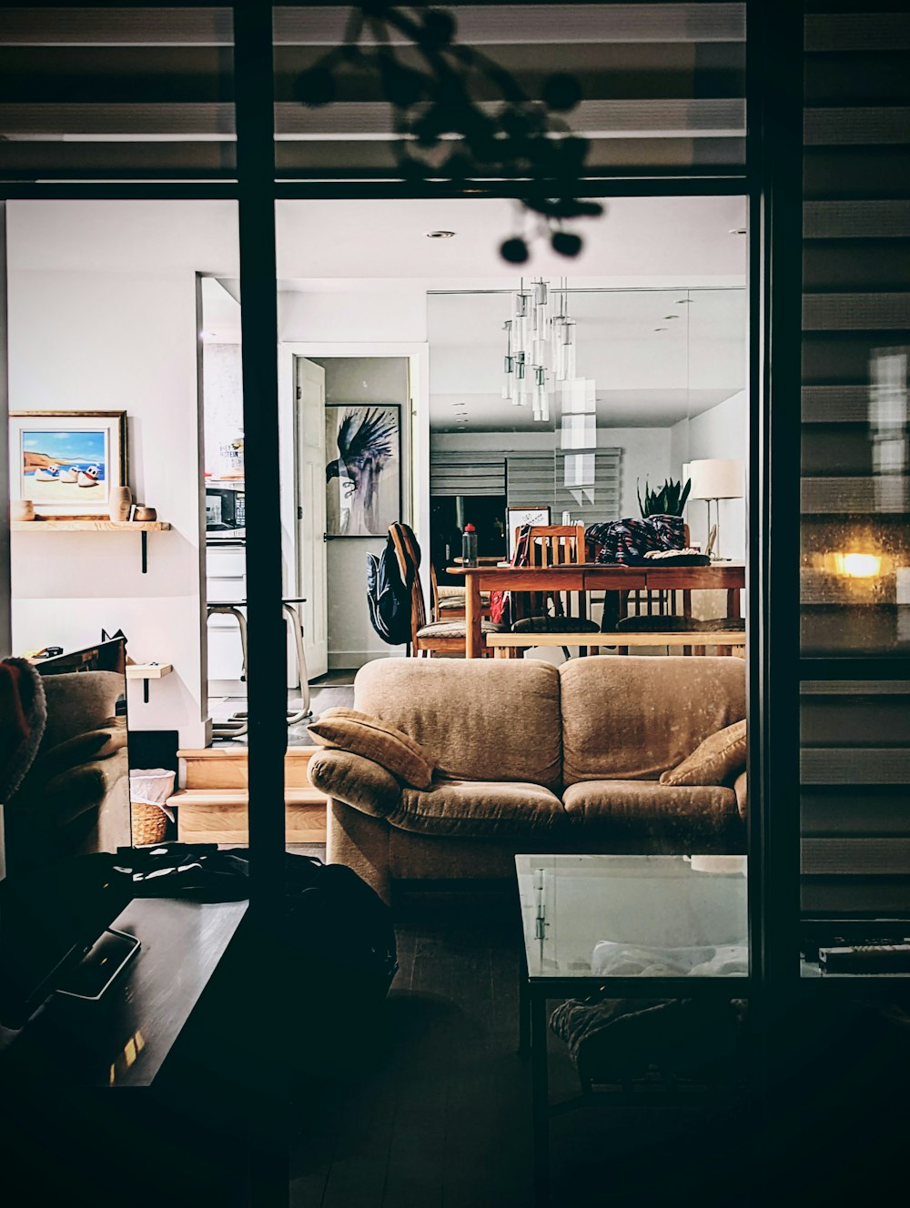 a living room with a large mirror