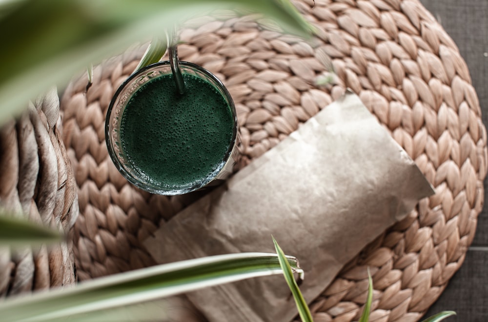 a bird nest with a green egg