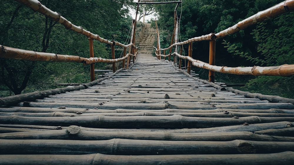 a wooden bridge with ropes