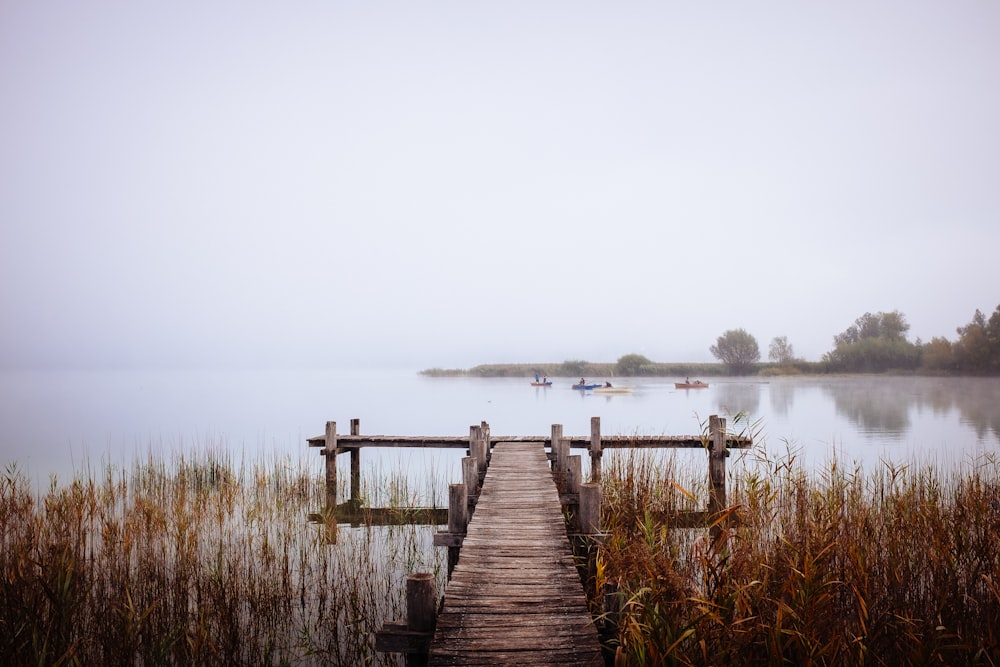 a wooden dock over a body of water with boats in it