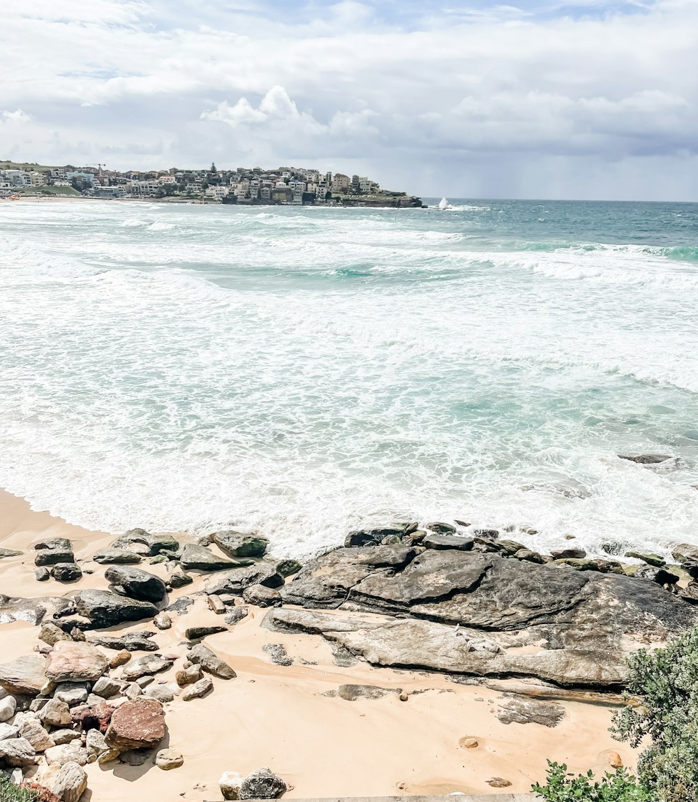 a rocky beach with a large body of water in the background