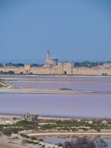 A historic fortified town is depicted in the background, characterized by tall stone walls and towers. In the foreground, there are vibrant pink and purple salt flats with varying shades. A small wooden hut is visible near the bottom of the salt flats, surrounded by natural vegetation. The sky is clear and blue, enhancing the serene landscape.