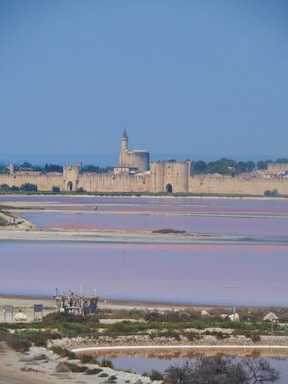 A historic fortified town is depicted in the background, characterized by tall stone walls and towers. In the foreground, there are vibrant pink and purple salt flats with varying shades. A small wooden hut is visible near the bottom of the salt flats, surrounded by natural vegetation. The sky is clear and blue, enhancing the serene landscape.