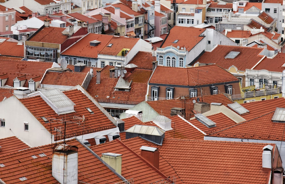 a group of rooftops with red roofs