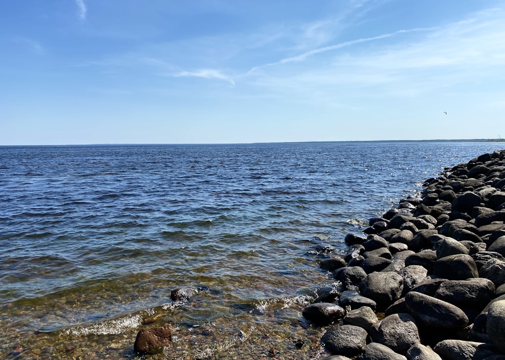 a rocky beach with a body of water in the background