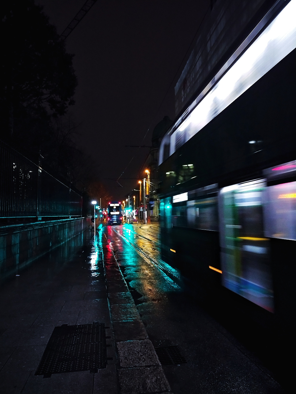 a train travels down the tracks