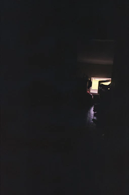 A dimly lit room with a glowing computer screen displaying eerie game graphics.