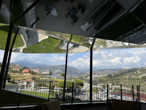 A panoramic view of a multimedia scene with layered visual effects and textures.