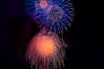Brightly colored fireworks explode against a dark night sky, featuring vibrant bursts of blue and orange with a dazzling array of lights and trails.