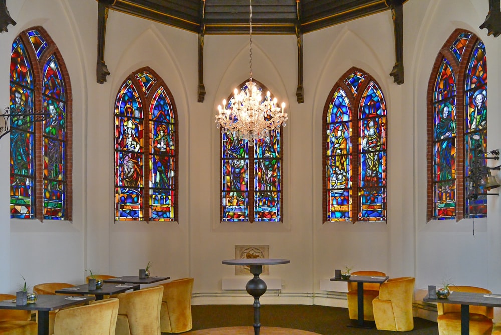 a room with stained glass windows